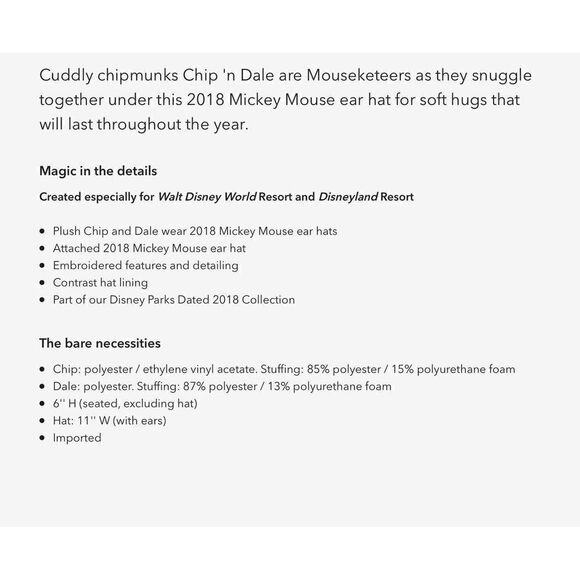 NEW Disney 2018 Chip and Dale Chipmunks Cute Ear Hat Plushies NWT ASAP Shipping - Picture 4 of 12